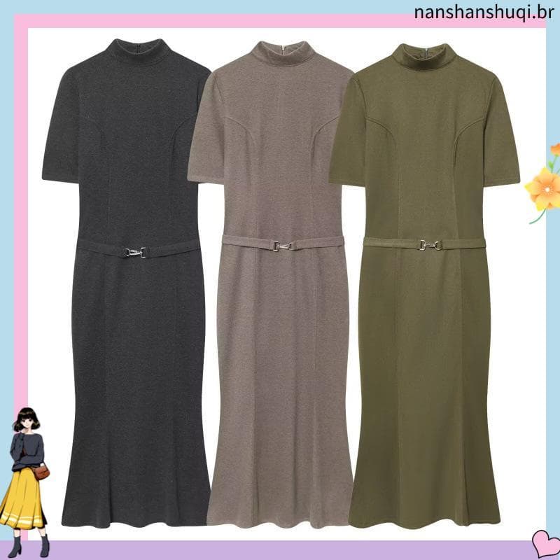 ZA Outono Inverno Novo Produto Feminino & # 39dres De Gola Alta Com Cinto E Mangas Curtas 0264462