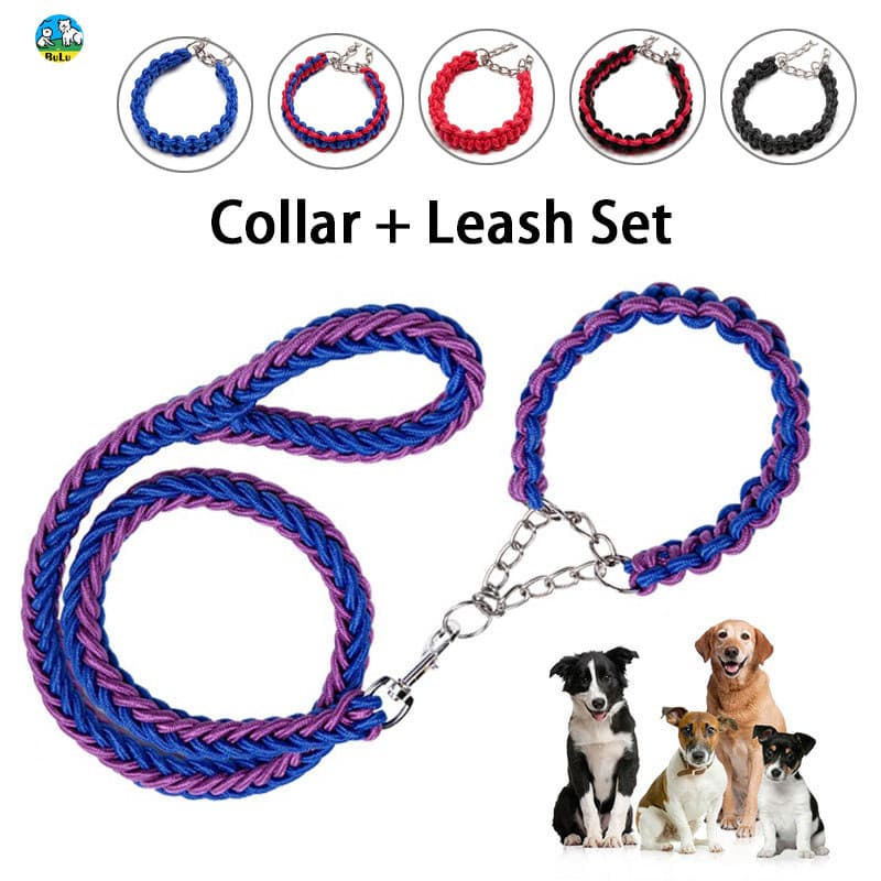 Kit coleira guia nylon antipuxão ajustável trançado 8 fios cão grande passear