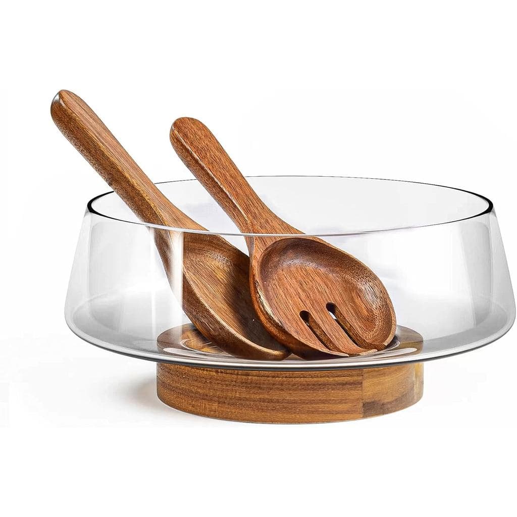 Conjunto de Saladeira de Vidro Extra Grande KITEISCAT - Saladeira para Festas com Base de Madeira de Acácia e Utensílios