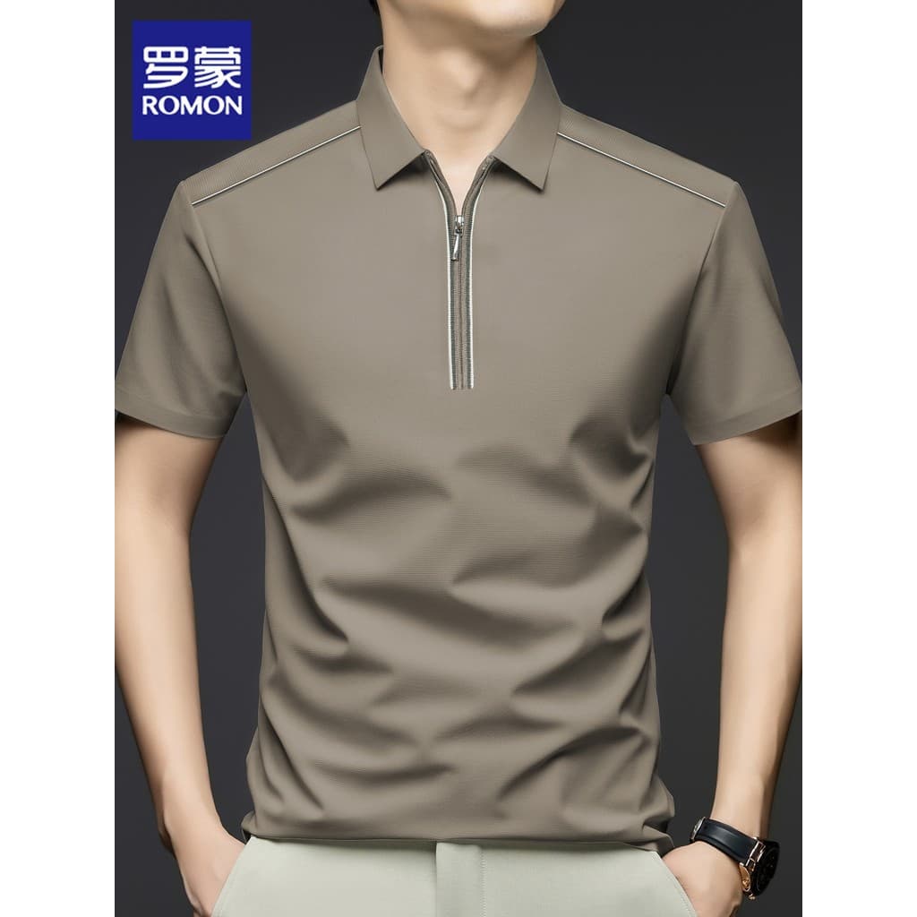 Camiseta masculina de manga curta de seda gelada Lomon meio zíper lapela Top verão Casual negócios meia manga