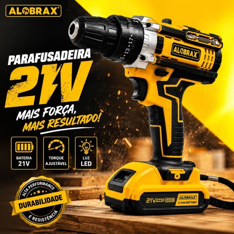 Parafusadeira Furadeira Sem Fio 21V Alobrax OBRA-101 Bateria Li-ion Carregador Bivolt 10mm 28Nm