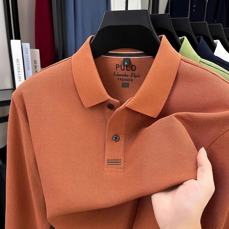 Camisa Polo Masculina de Manga Longa 100% Algodão Respirável - Estilo Clássico Casual de Negócios com Gola de Algodão XJ