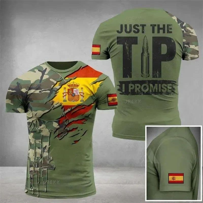 Espanha exército camuflagem camiseta masculina tático topo 3D espanhol emblema impresso soldado floresta camiseta manga