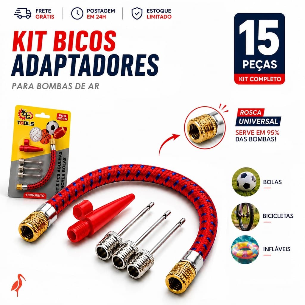 Kit 15x Bicos para Bomba de Ar com Mangueira e Agulhas Encher Bolas Boias Infláveis Envio Imediato