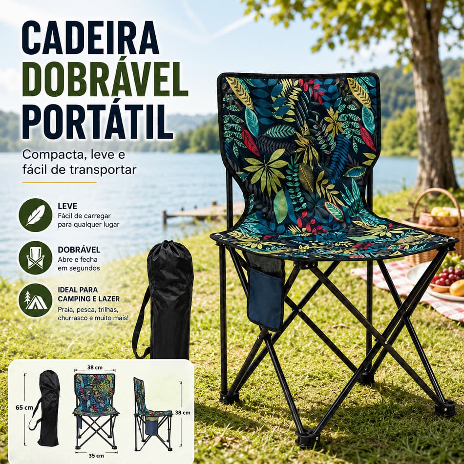 Cadeira Camping Portátil Estampa Tropical Compacta,Armação Firme Para Passeios, Varanda E Momentos De Descanso Externo
