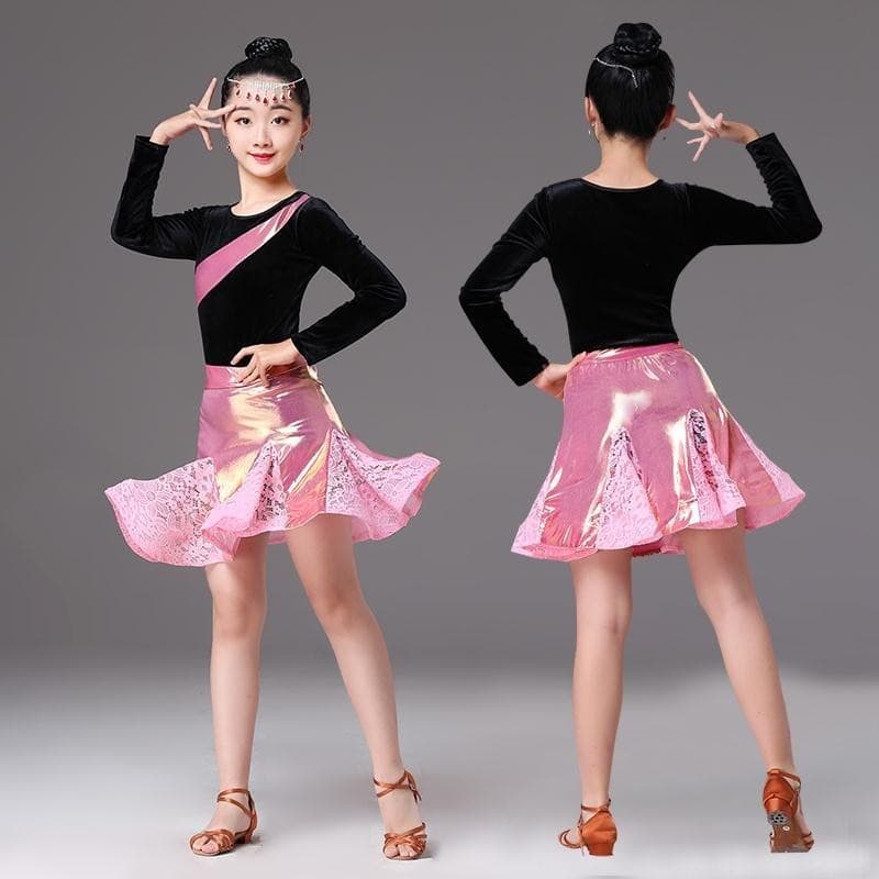 [wdf] Fantasia de Performance latina para meninas, terno de saia dividida para competição de dança de manga comprida