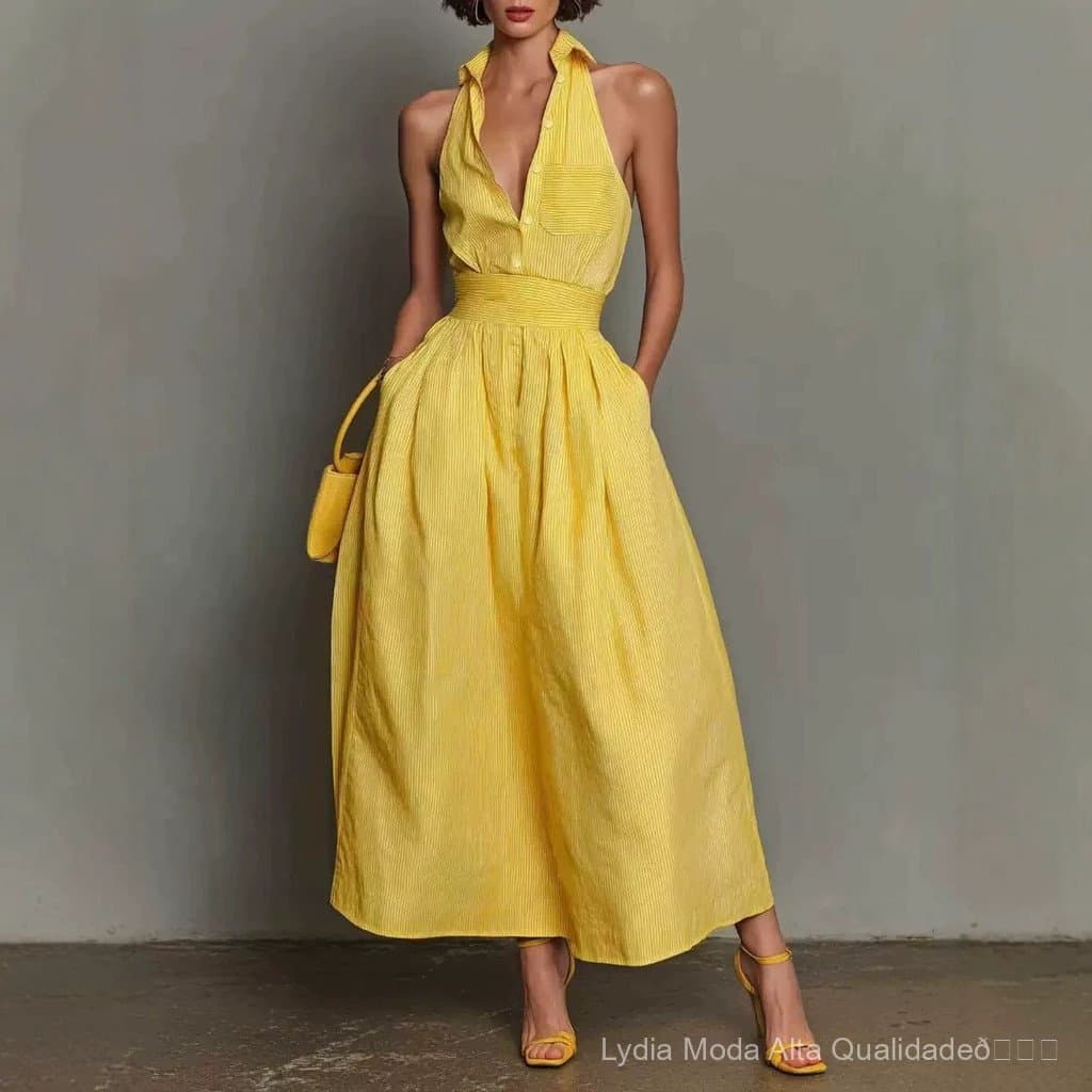 [Liquidação por tempo limitado] Roupas femininas elegantes e de alta qualidade: vestido amarelo com decote halter, vesti