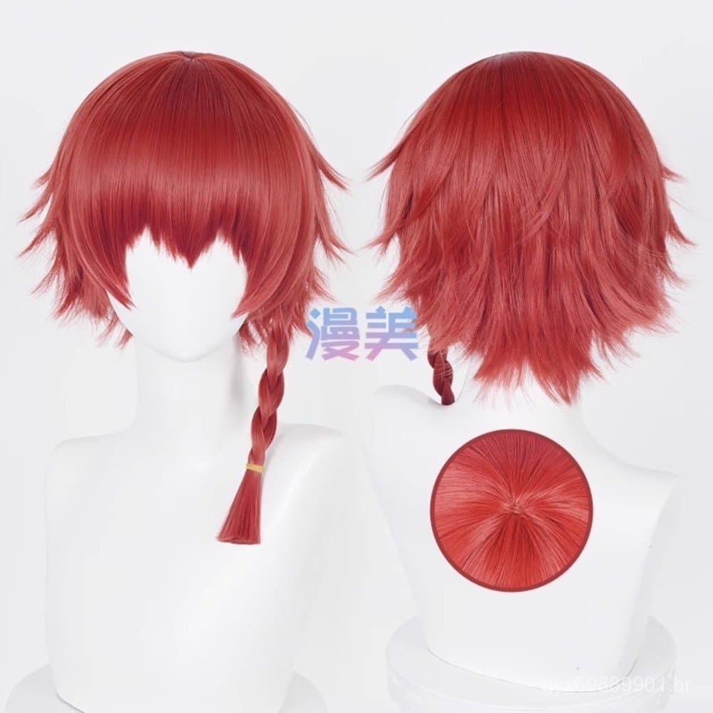 Peruca de Cosplay Anime Azul Bloqueio Kurona Ranze Unissex 38cm Tranças Vermelhas Cabelo Sintético Resistente a