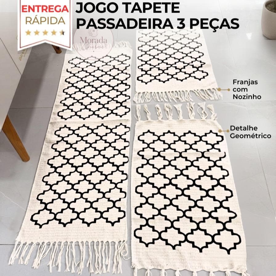 Passadeira Para Cozinha Jogo Tapete 3 Peças Tear Geométrico Estampado Várias Cores 100% Algodão