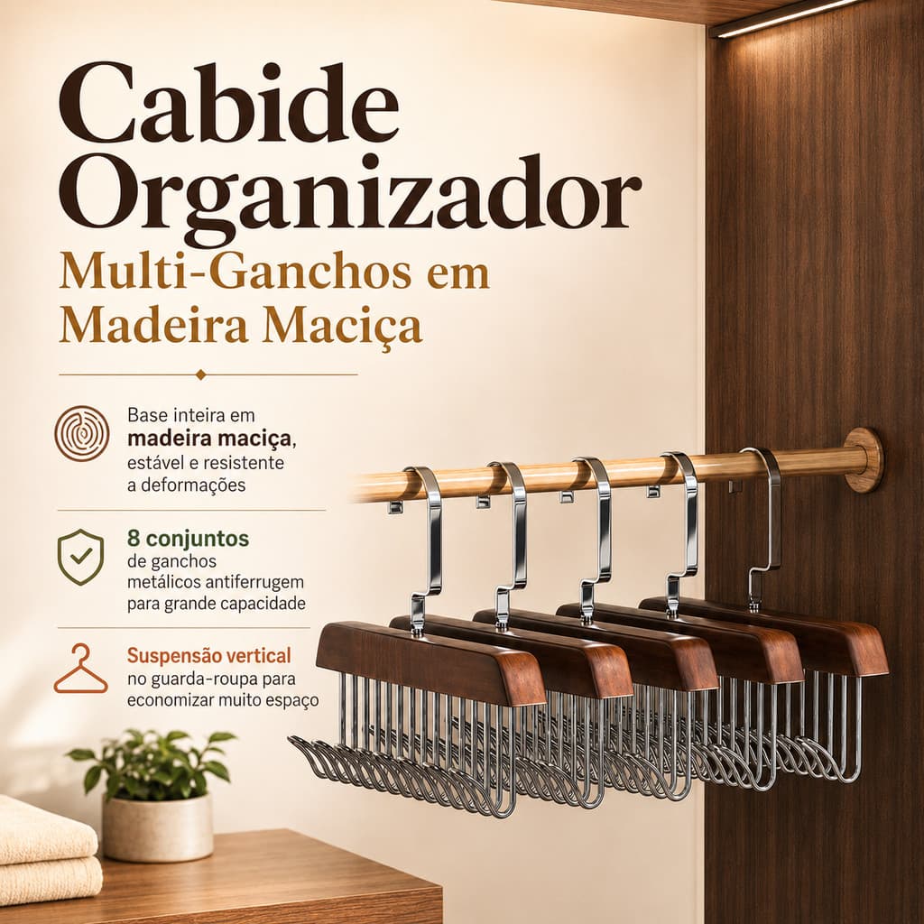 Cabide Organizador de Madeira com 8 Ganchos Multiuso para Cintos Gravatas Bolsas Colares Lenços e Acessórios de Armário
