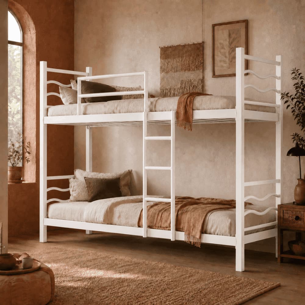 Beliche Wave KLM Store | Cama Beliche de Aço Reforçada para Solteiro com Escada e Grades de Proteção