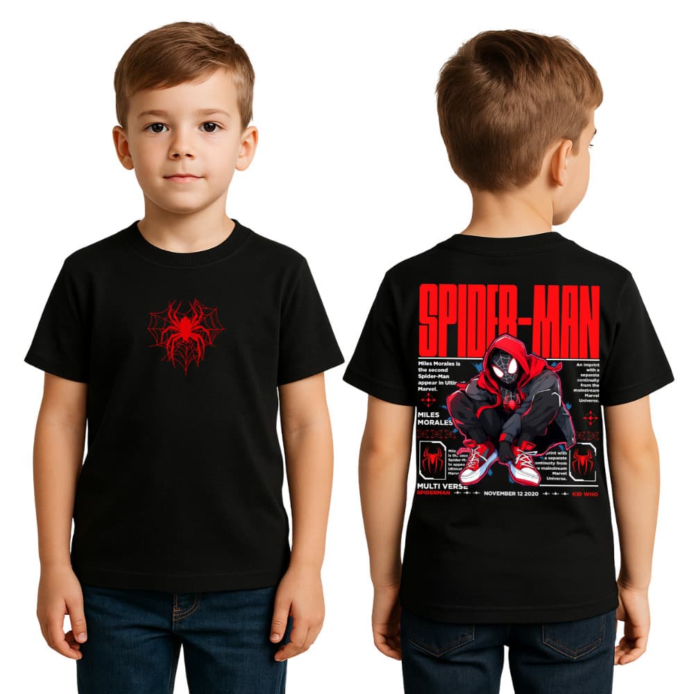 Camiseta Homem Aranha Miles Morales Infantil e Adulto Estampa Costas Unissex Camisa Jovem