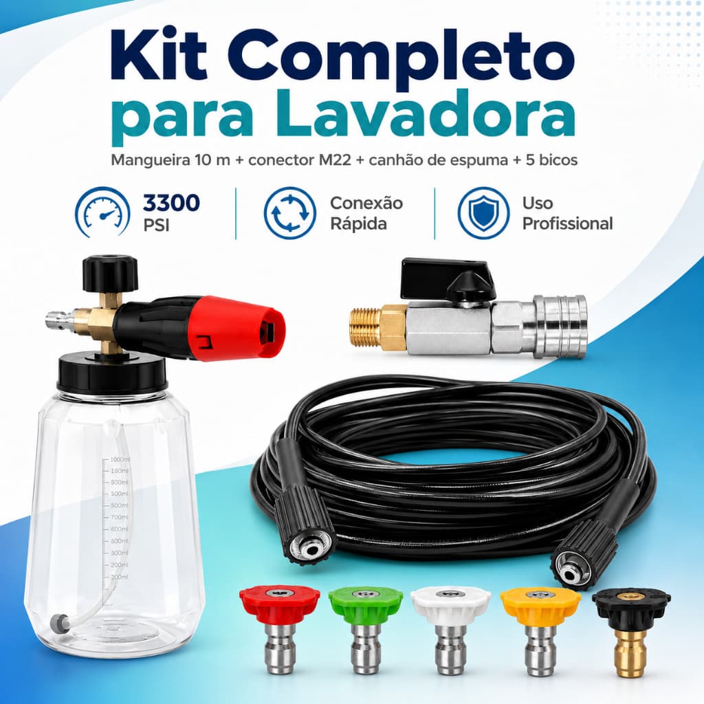 Kit Mangueira 10m Lavadora Alta Pressão + Snow Foam + Bicos M22
