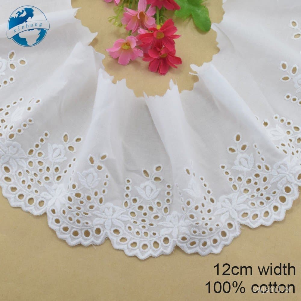 Renda de Algodão 100% com Bordas Bordadas de 12cm de Largura, Acabamentos DIY, Fita de Renda para Vestidos Mini, Acessór