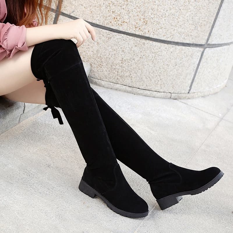 Novas botas femininas de camurça acima do joelho, salto baixo, sola plana, algodão, manga quente, botas femininas