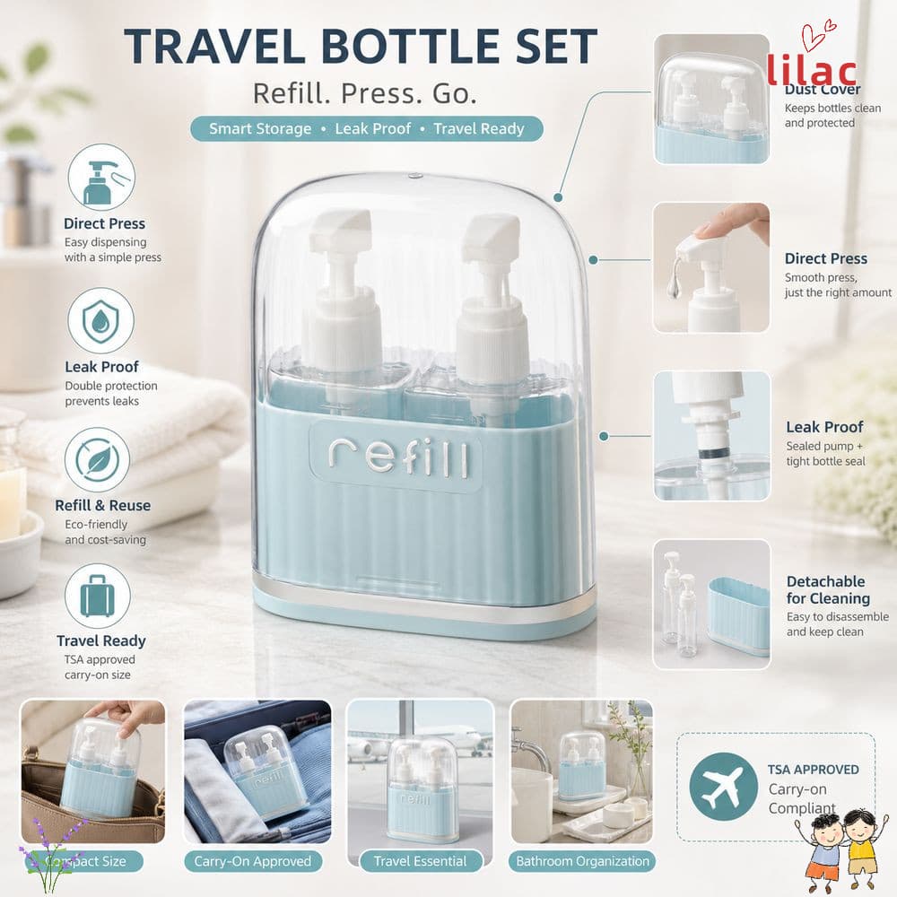 Garrafas De Tamanho De Viagem LILAC , Conjunto De Higiene Reutilizáveis Vazias Dispensador De Cosméticos 4 Em 1 À Prova