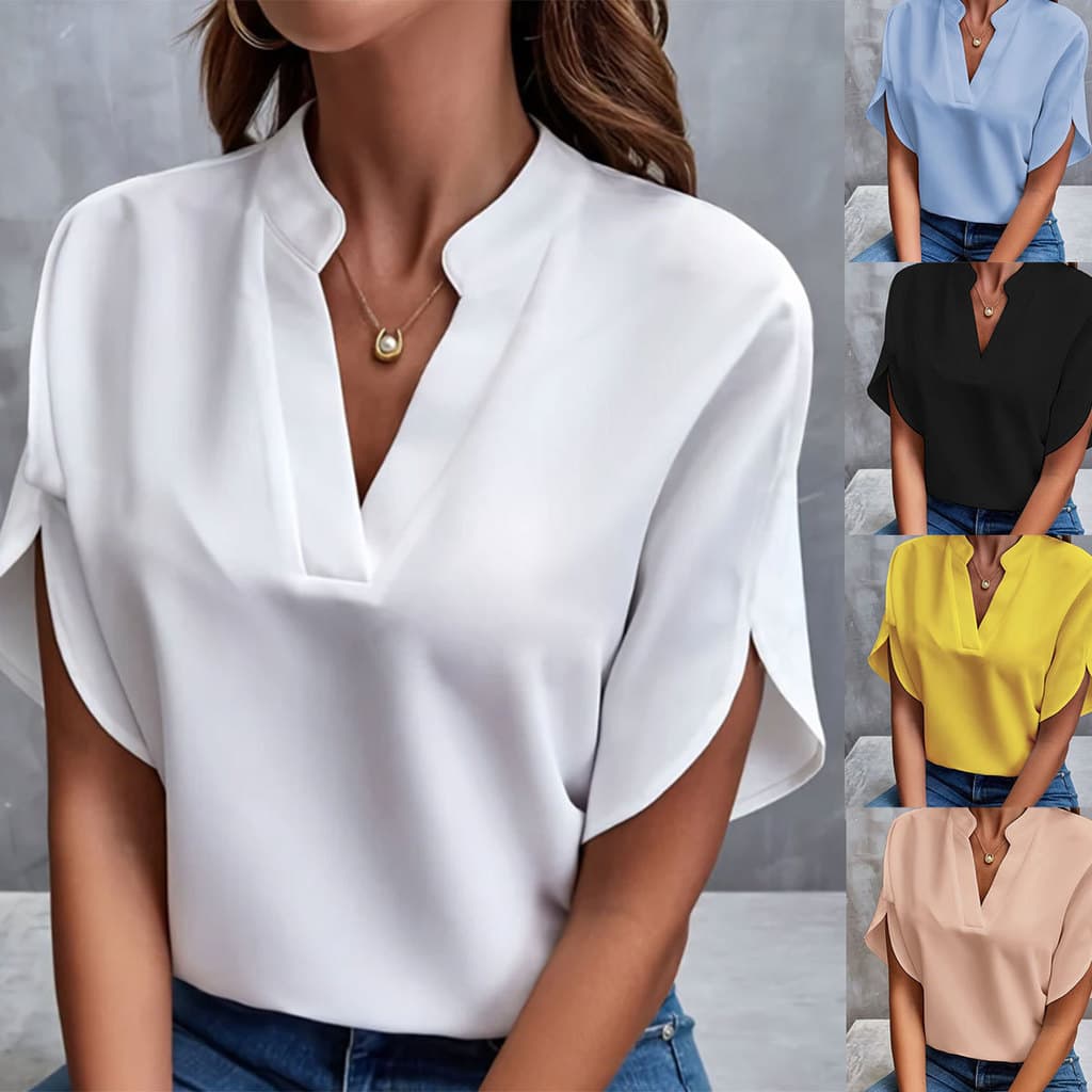 Camisa feminina de verão com decote em V, cor sólida, casual, versátil, de manga curta.