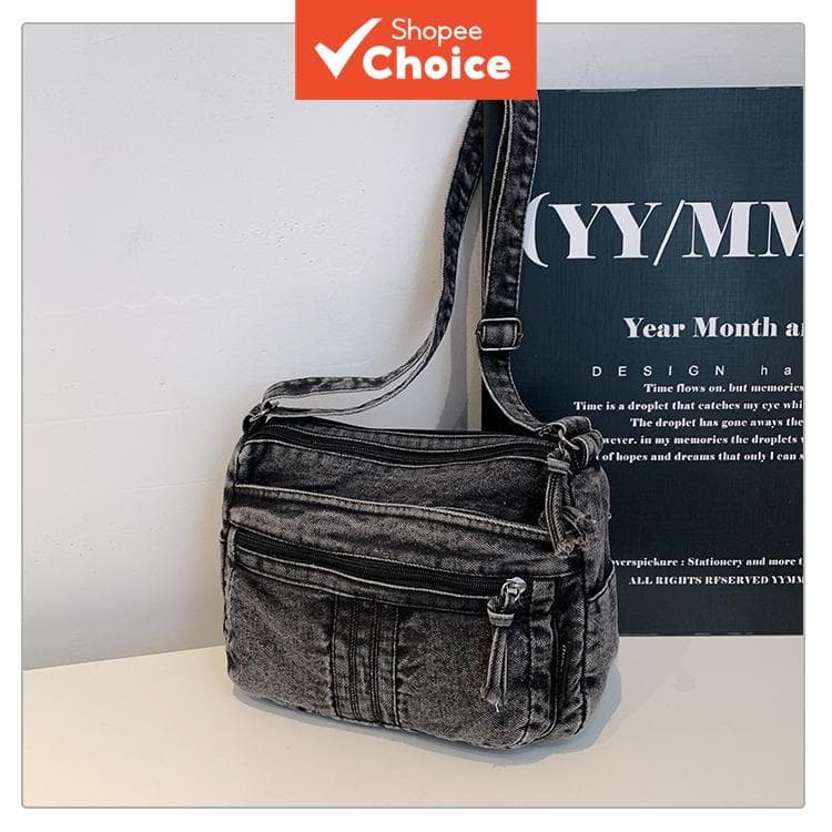 Bolsa tiracolo de jeans lavado vintage com vários bolsos com zíper, alça larga ajustável, pequena e casual para mulheres