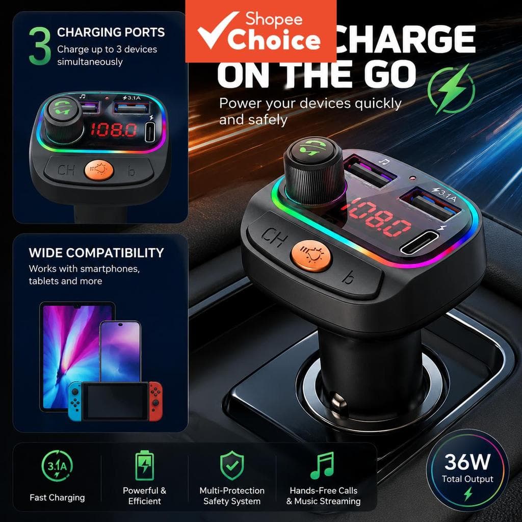 BLUETOOTH 5.3 Transmissor Fm Carregador De Carro Aux Modulador Mp3 Player Adaptador De Carregamento Rápido
