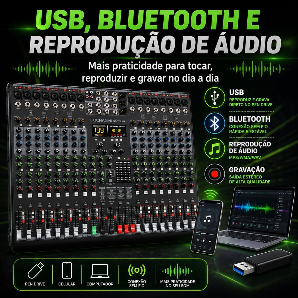 Mesa Mixer Profissional 16 Canais Master16 Bluetooth USB 199 DSP para Estúdio Igreja Show e Podcast