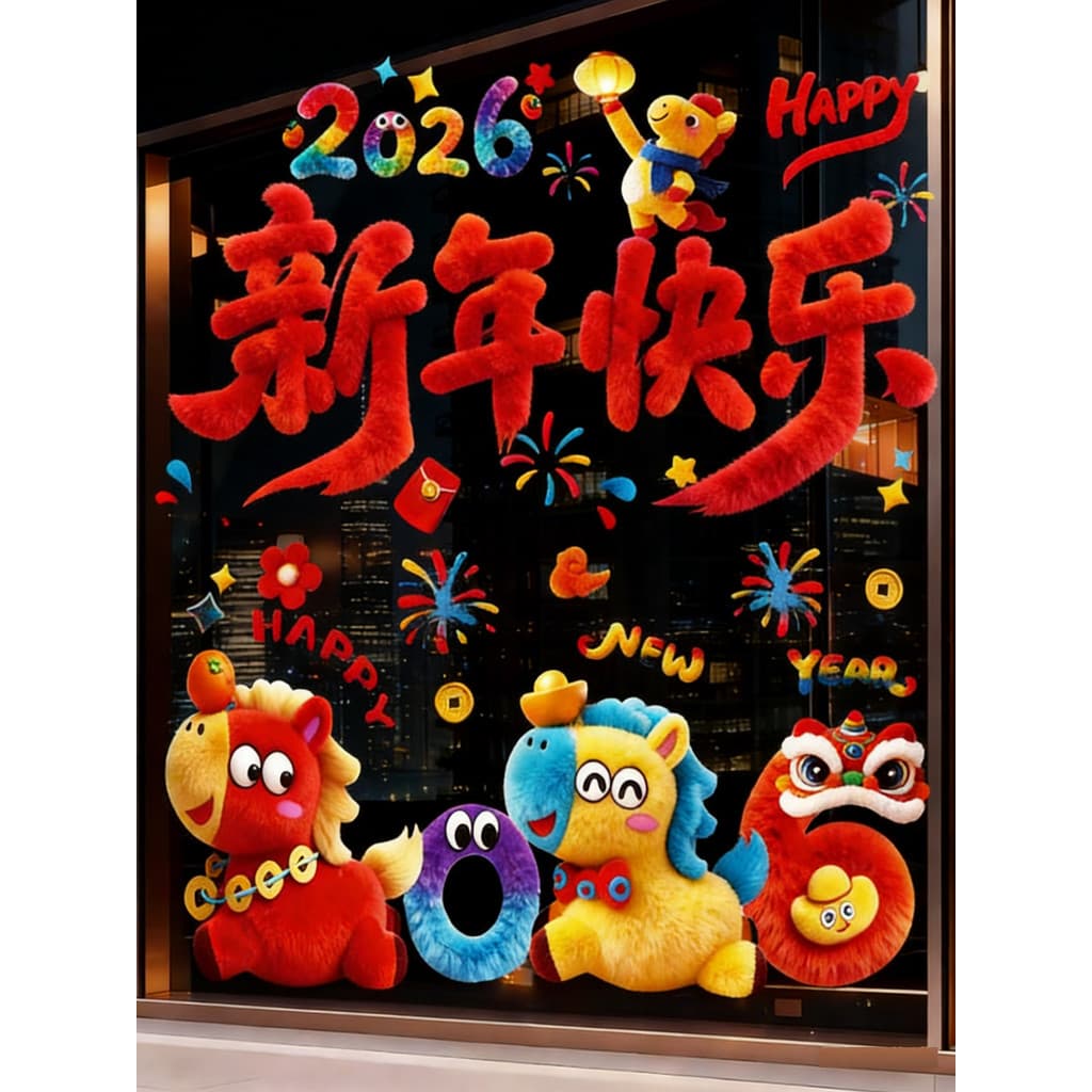 2026 Ano Novo Cavalo Ano 5D Tridimensional Pelúcia Vidro Eletrostático Primavera Festival Janela Adesivos Fu Personagem