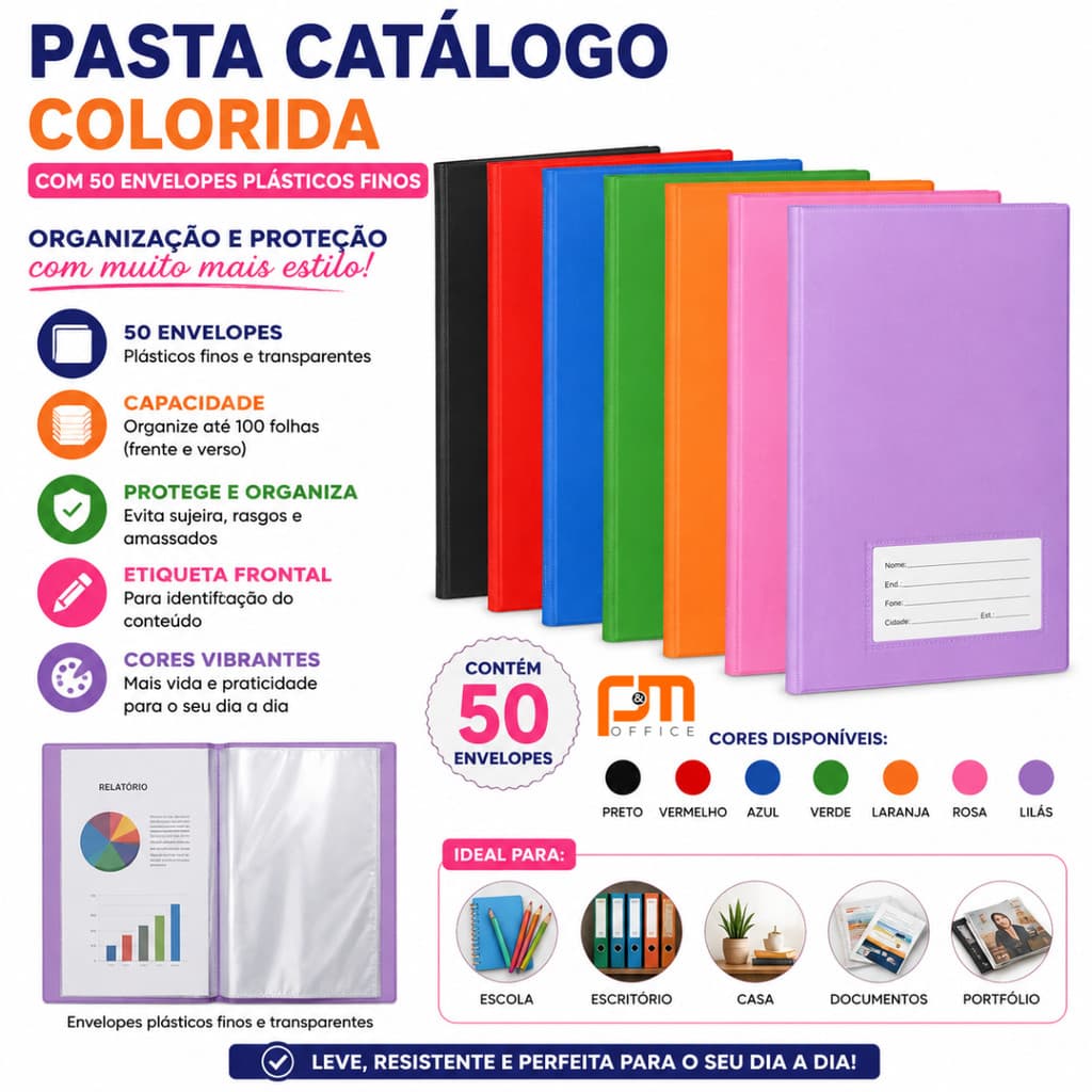 Pasta Catálogo com 50 Envelopes Plásticos Finos – Cores Sortidas – ACP