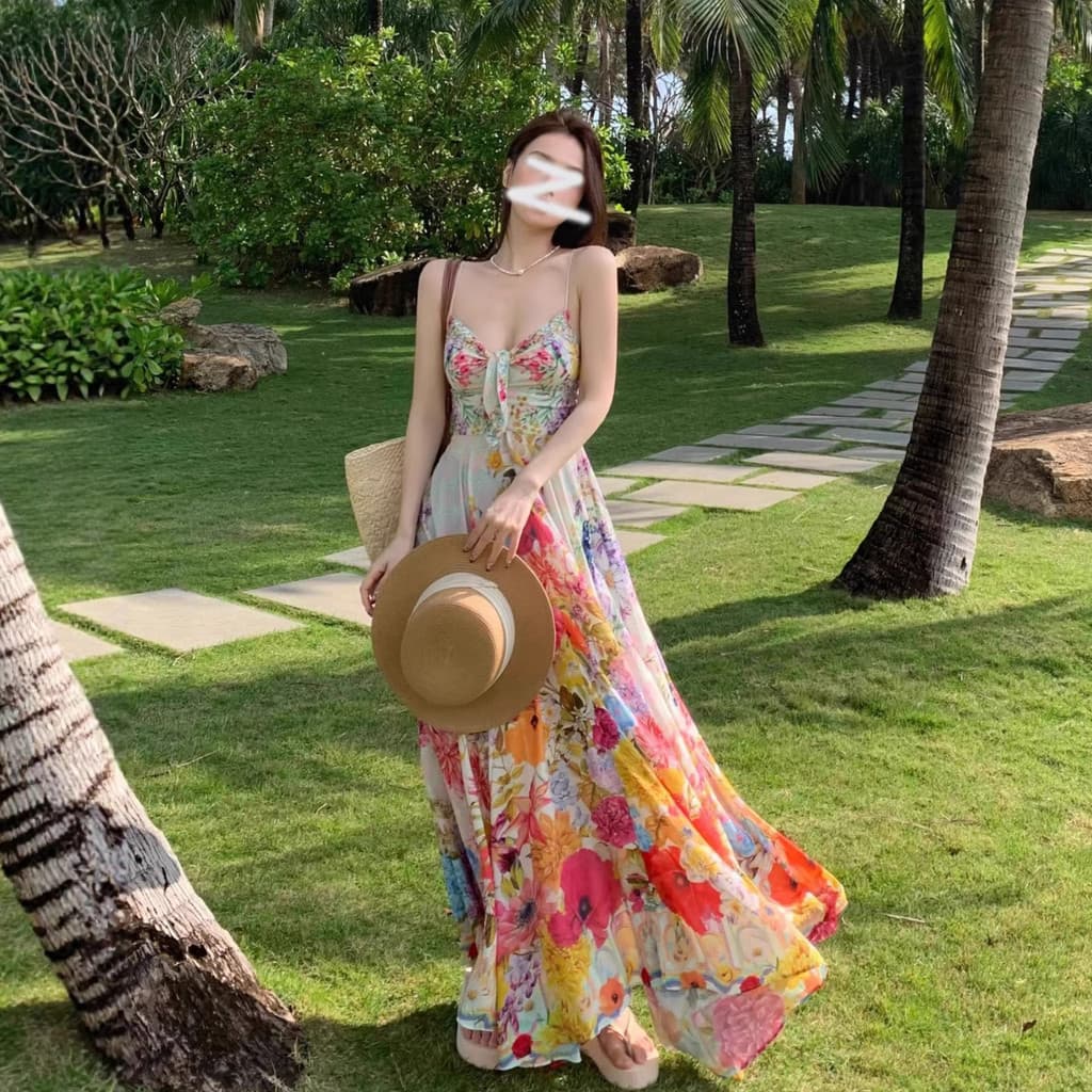 Tea Break Francês Puro Desejo Colorido Floral Sling Vestido de Férias Saia Longa