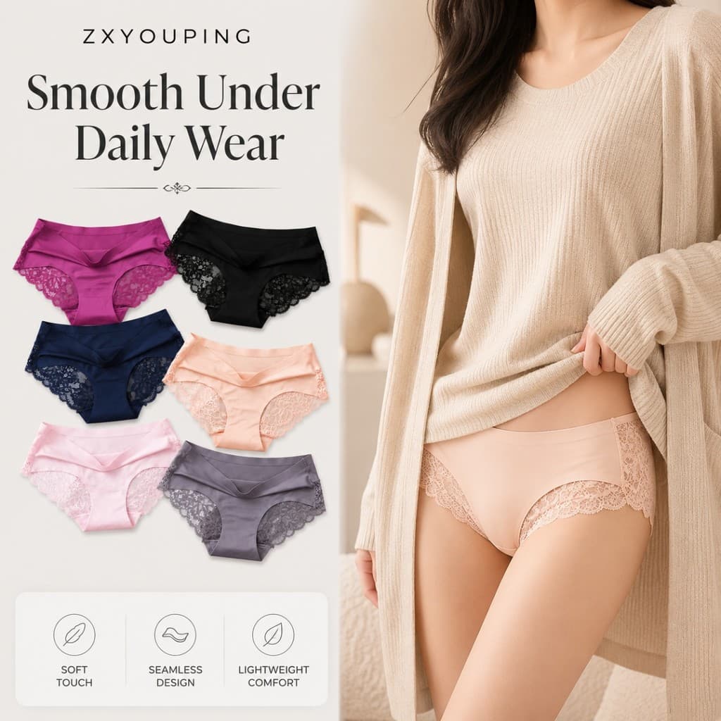 ZXYOUPING 3 Peças De Roupa Íntima Feminina De Renda Sem Costura Macia Invisível Cintura Média Calcinha Cuecas De Uso Diá