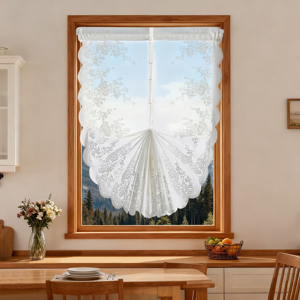 Cortina floral de duas fileiras com haste retrátil, cortina de renda transparente para sala de estar e cozinha, cortina