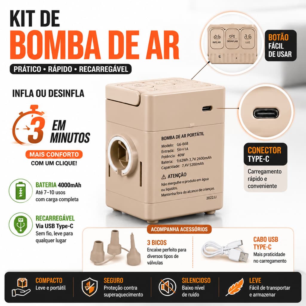 Nepul Bomba de ar para colchões infláveis , travesseiros e sofás infláveis – bomba integrada, portátil, automática