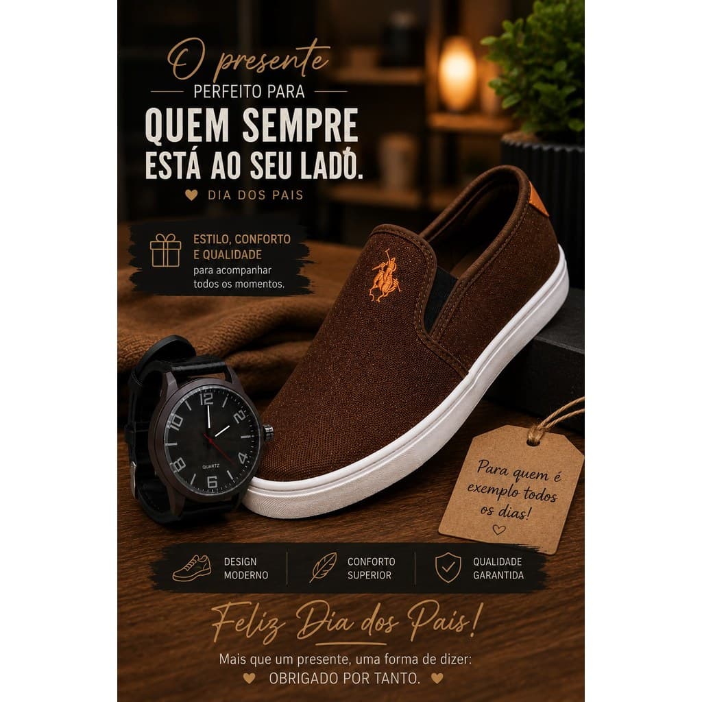 Sapatenis Slip On + Relogio Casual Presente Pais Datas Namorados Natal
