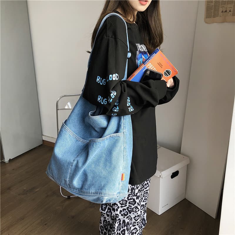 Bolsa Casual de Lona Jeans para Mulheres, Estilo Coreano Vintage, Bolsa de Compras Casual para Faculdade, Mochila Escola