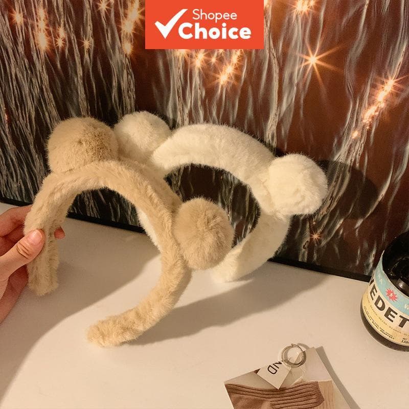 Tiara Larga Com Orelha De Urso Fofo , Acessório De Cabelo Para Mulheres , Pelúcia Macia , Lavagem Do Rosto , Branco