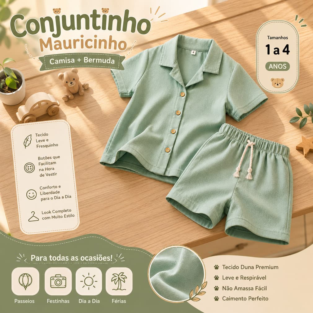 Conjuntinho Masculino Infantil Mauricinho Bermuda e Camisa Botão Elegante 1 a 4 Anos