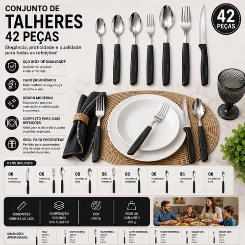 Conjunto Talheres 42 Peças Preto Design Moderno Alta Qualidade Resistente Para Mesa Uso Diário