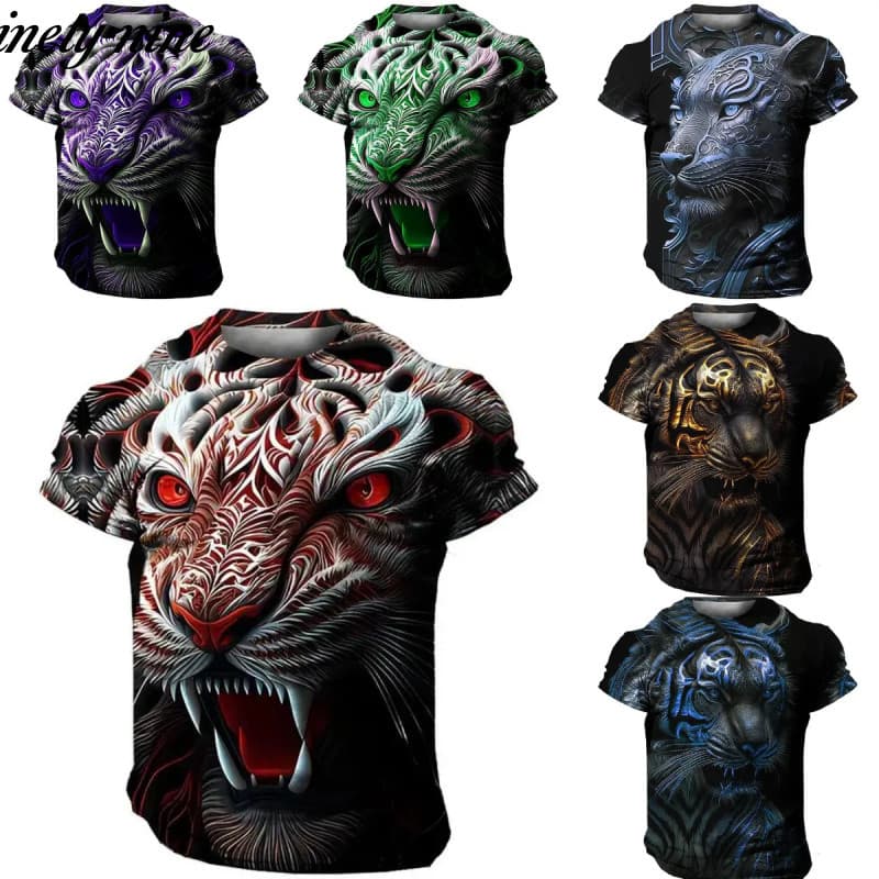 Camiseta Masculina com Estampa Realista de Tigre Tribal em 3D, Estilo Selvagem, Streetwear, Manga Curta, Casual de Verão