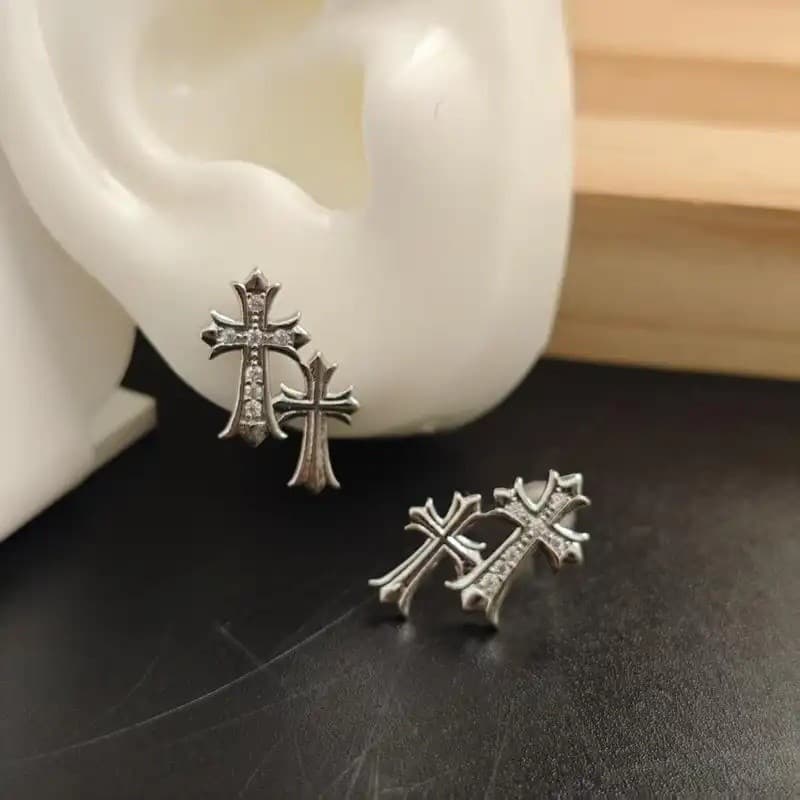Brincos de Cruz Dupla em Ouro para Mulheres e Homens, Banhados a Ouro 14K, Brincos de Cruz para Piercing Duplo, Acessóri