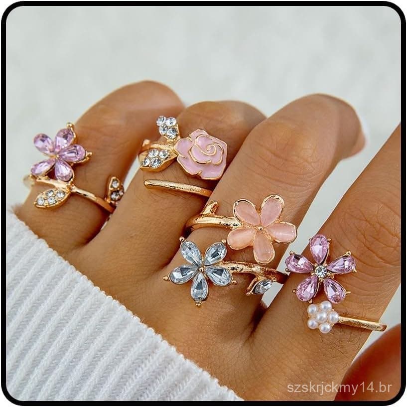 4 Anéis de Flores para Mulheres, Estilo Boêmio, Dourados e Rosa, Anéis de Dedo Empilháveis com Brilho, Strass e Pérolas,