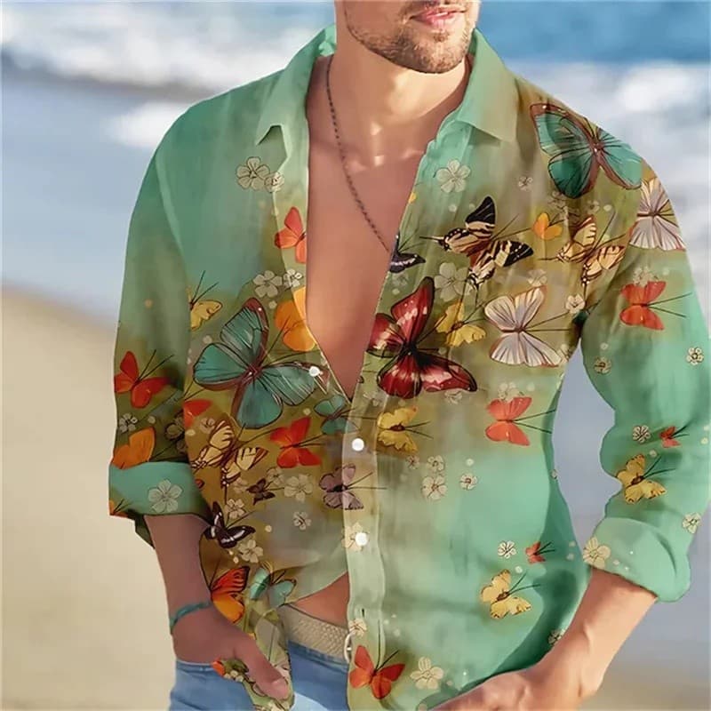 Camisas de alta qualidade, camisas havaianas, estampadas com borboletas, de manga comprida, de abotoamento simples, moda