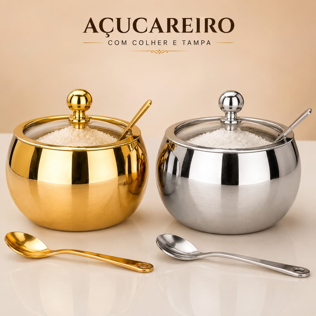 Pote para Açúcar em Aço Inox com Tampa de Vidro e Colher Elegante Decorativo