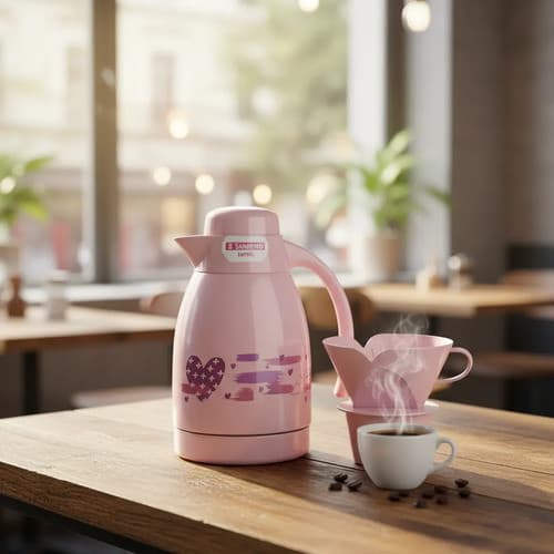 Conjunto Bule Térmico Garrafa 700ml Suporte P/ Filtro Café Rosa