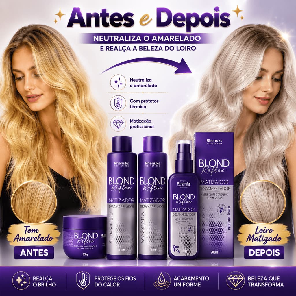 Kit 5 itens Matizador Desamarelador + Protetor Térmico Completo para Loiros,Loiro Platinado
