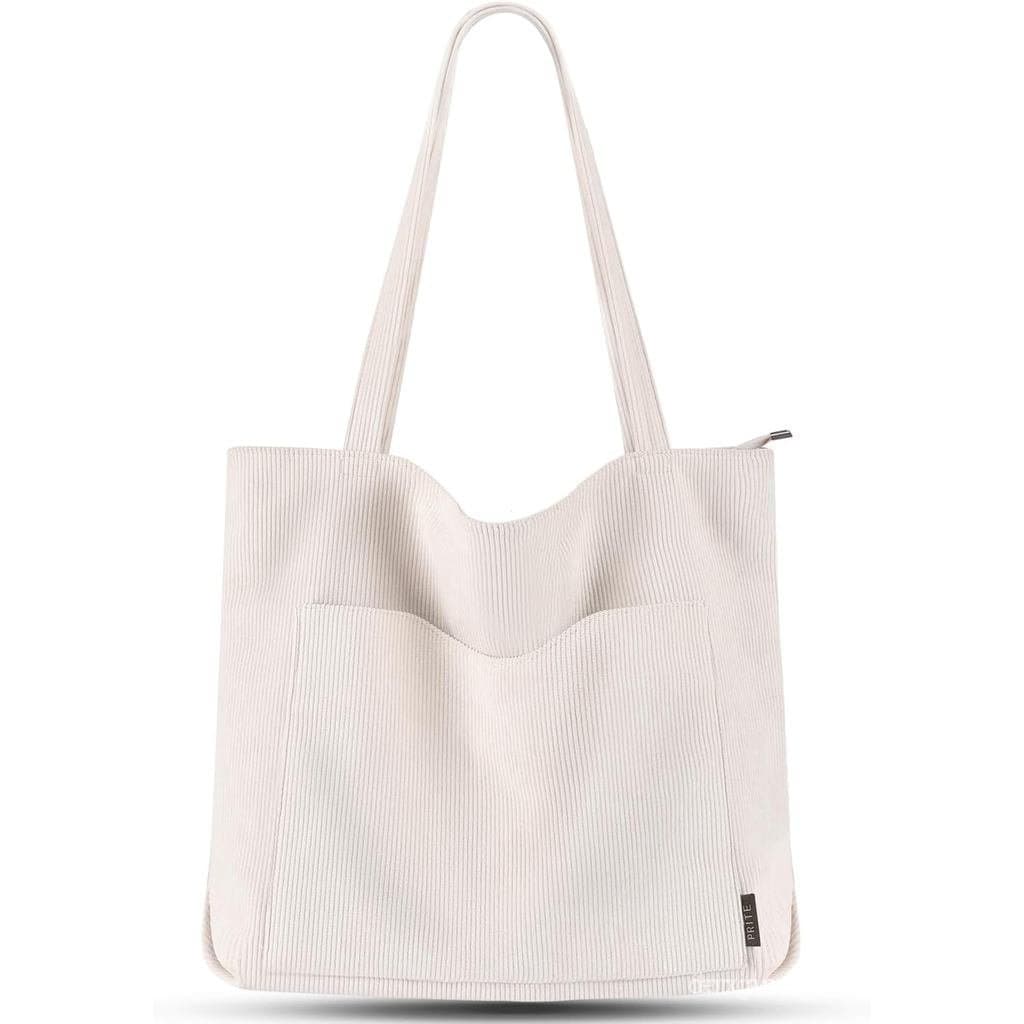 Bolsa Tote de Corduroy Prite para Mulheres, Bolsa Grande de Ombro com Zíper e Bolsos para Faculdade, Trabalho, Viagens e