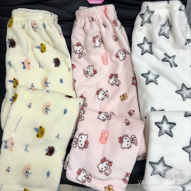 Calças de Pijama de Inverno Quentes Sanrio Hello Kitty Pochacco Anime para Meninas e Meninos, Casuais, Forradas de Lã YG