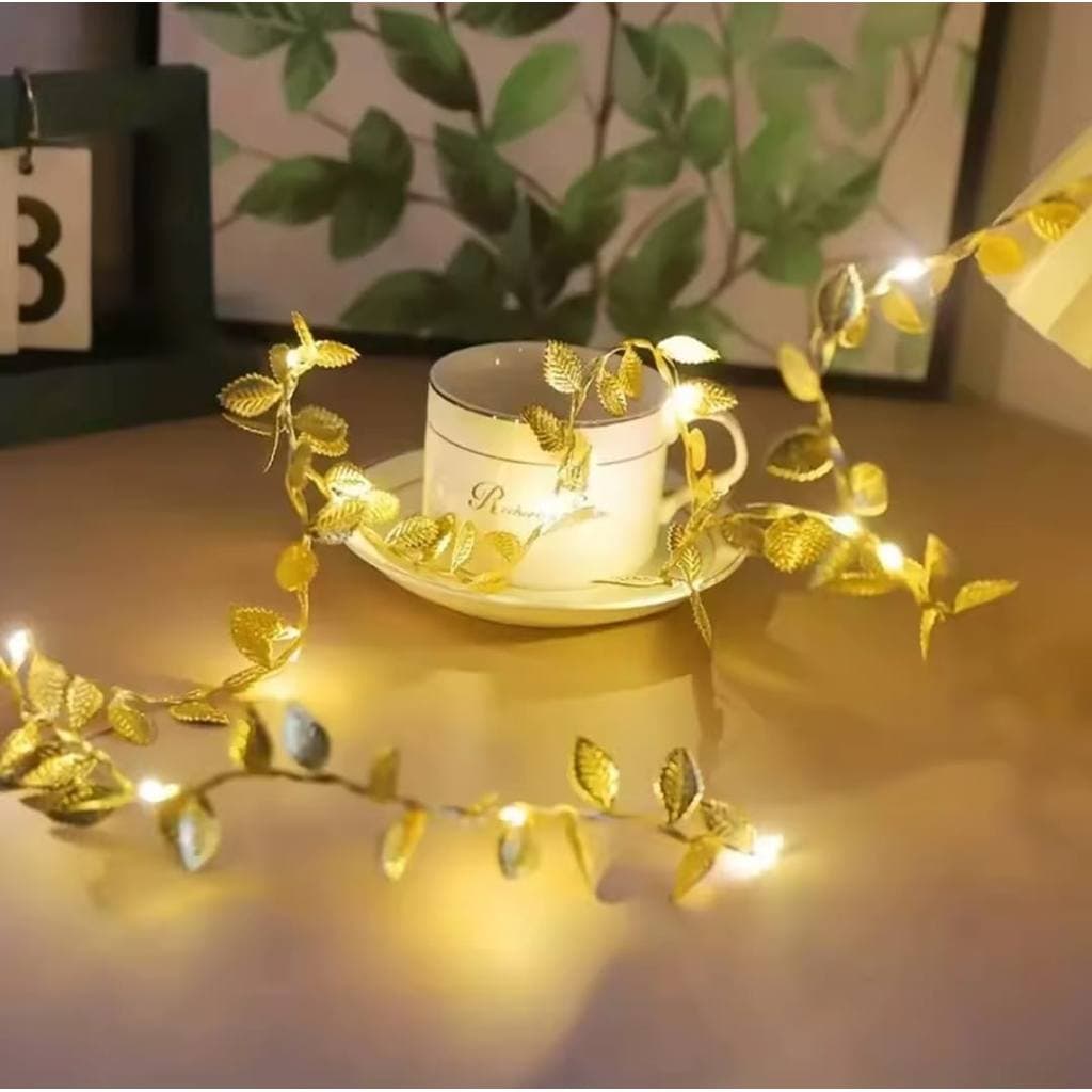 Fio de Ouro Decorativo com Luzes LED e Folhas Douradas Cordao Luminoso Flexível para Decoração de Ambientes Festas