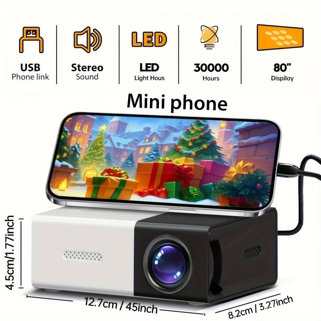 Projetor Mini Portátil, Resolução Local de 240P, Cinema de Bolso, Suporta 1080P, Compatível com Conexão USB/Telefone, Co