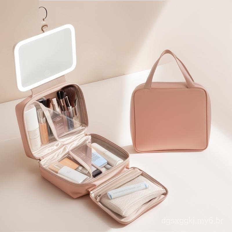 Bolsa de Viagem de Luxo em Couro PU para Produtos de Higiene Pessoal ShopBlackFriday com Espelho LED Destacável – 3 Luze