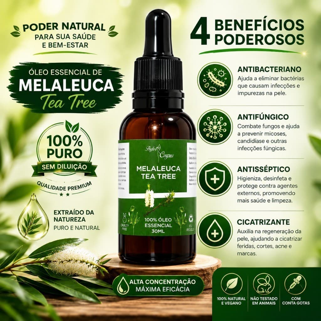 Kit 3 Óleo Essencial Melaleuca Tea Tree Puro 30ml - Acne Pele Cabelo Unha Aromaterapia Candidíase