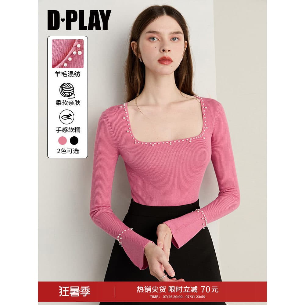 DPLAY [Série Pearl Star] Suéter outono novo estilo rosa pérola francesa