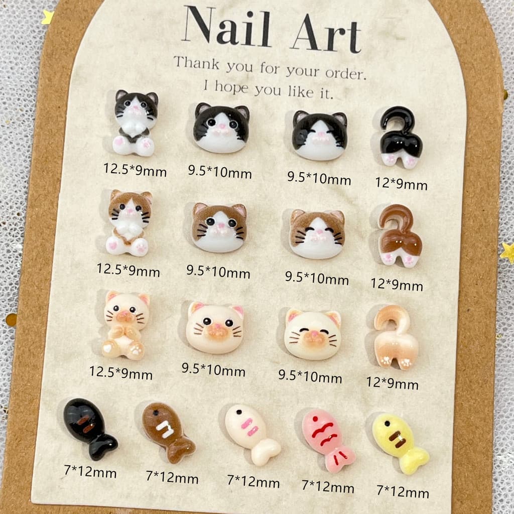 Morandi color nail art accessories, cute cat head, cat butt, small fish resin decorations